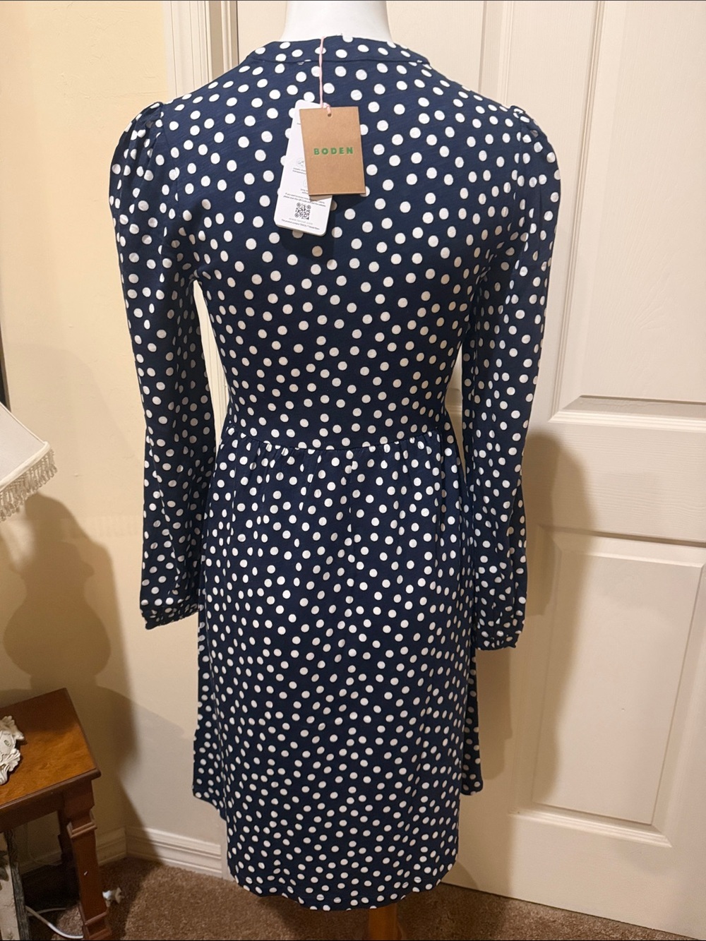 Boden Naomi Relaxed Jersey Navy Polka Dot Long-Sleeve Dress. NWT. US 2/UK 6 - Picture 5 of 10